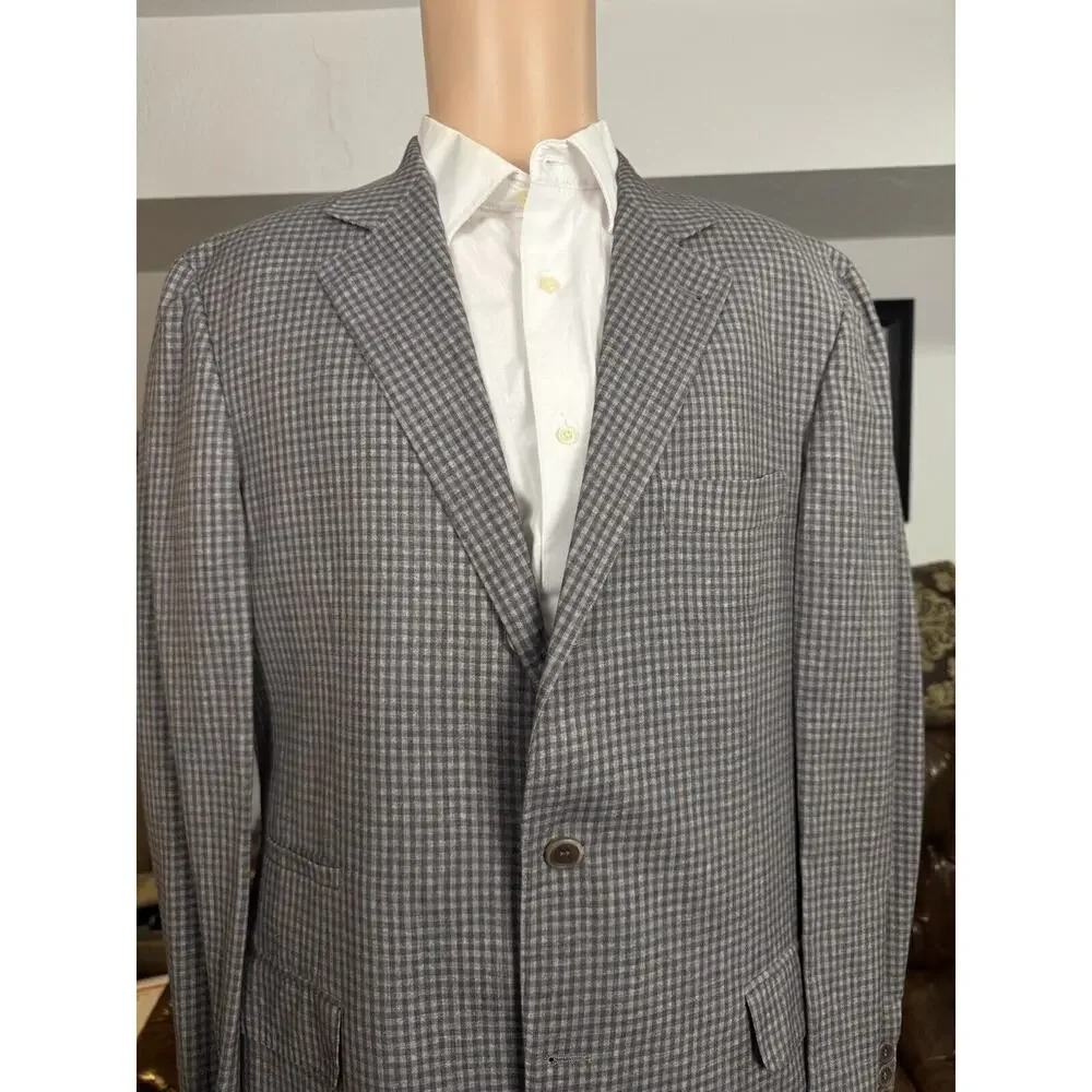 Brunello Cucinelli Linen Wool Silk Gingham Plaid Check Blazer Jacket 52/42 Gray